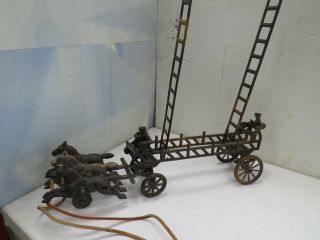 Vintage Cast Iron Horse Drawn Fire Engine,  2 Men And 3 Horses C.  1915