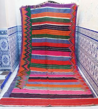 Vintage Moroccan Old Handmade Kilim Rug Wool Tribal Carpet Azilal 11 