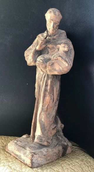 Vintage St.  Francis Of Assisi Signed Italy Pottery Sculpture Religious Statue 13”