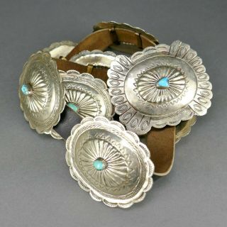 Fine Vtg Navajo Indian Sterling Silver Turquoise Big Concho Leather Belt Buckle