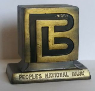 Vintage Peoples National Bank Art Deco Building Banthrico Metal Coin Bank Mcm