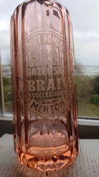 Antique French Advertising Rose Pink Glass Soda Syphon C1930