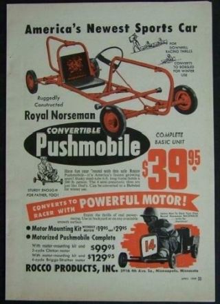 1959 Royal Norseman Pushmobile Go Kart Ice Sled Vintage Ad Rocco