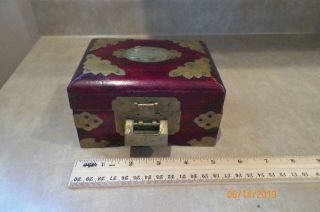 Vintage Wooden & Brass Oriental Jewelry Box With Jade Insert
