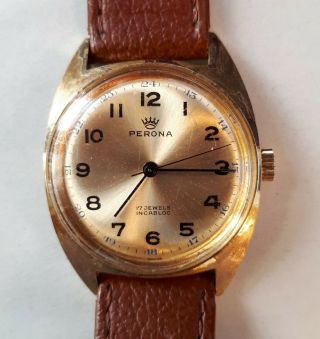 Vintage (1960s) Mens Swiss Winding Watch.  Perona 17 Jewels Incabloc.  Fwo