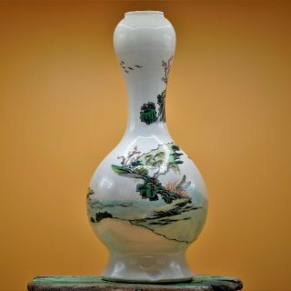 Rare - Antique Chinese Kangxi Porcelain Famille Verte Garlic Head Landscape Vase