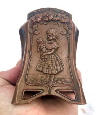 Antique Art Nouveau Circa 1900 Bronze Moneybox Girl Holding Doll