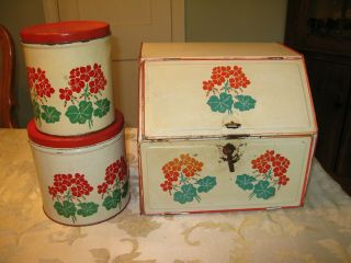 Vintage Red & Green Flower Metal Bread Box,  2 Large Canisters