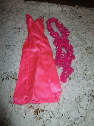 Vintage 1977 Superstar Barbie 9720 Hot Pink Satin Dress & Sparkle Boa Euc