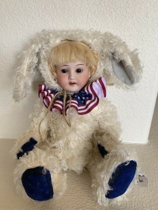 Ooak Bunny Doll 13” Tall With Antique Bisque Doll Head Made In Germany By Trebor