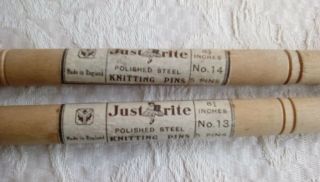 Vintage Just Rite Polished Steel Knitting Needles Pins Wooden Tubes Made England
