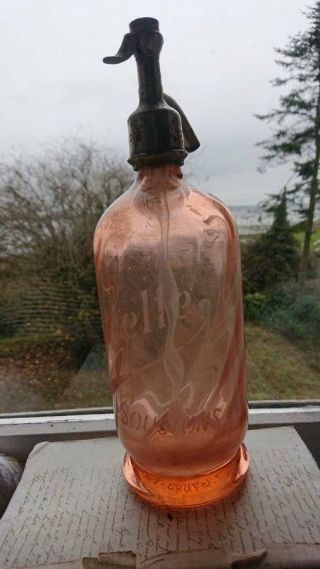 Antique French Advertising Rose Pink Glass Soda Syphon C1920