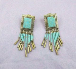 Q T Sterling Silver Blue Turquoise Earrings Pierced Fringed Quoc Vintage