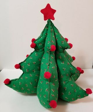 Vintage Dan - Dee Stuffed Green Print Fabric Christmas Tree With Pom Poms 18 " Tall