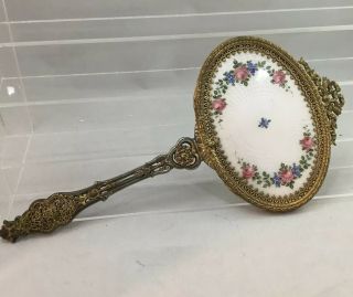 Antique French Guilloche Flowers Hand Mirror Vanity Reverse Painted Flowers 1920