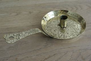 Dutch Brass Chamber - Stick Dated 1757 Marriage Chamberstick Candlestick 3