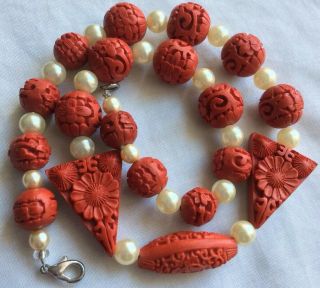 Vintage Chinese Deep Red Carved Cinnabar/faux Pearl Beaded Necklace