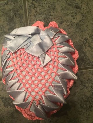 Vtg Heart Pincushion Sewing Blue W/pink Crochet Edge Bluesatin Ribbon Trim 5 1/2