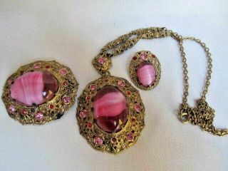 3 Pc.  Set Vintage Gold Tone Swirl Pink Stone Germany Brooch Necklace Ear Ring