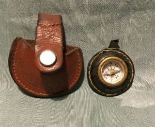 Small Vintage Compass And Leather Case.  Early 1900s.