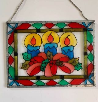 Vintage Stained Glass Christmas Sun Catcher / Holiday Decor Candles & Holly