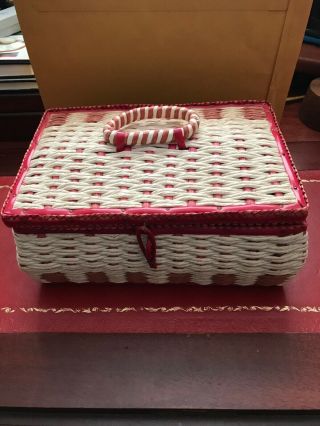 Vintage Sewing Basket,  Red And White,  Insert,  Satin Lining,  Made In Japan