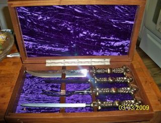 Vintage 4 Pc Boxed Set Of Case Xx Carving Knives Ornate Brass Handles Sheffield