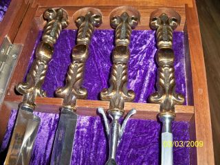 VINTAGE 4 PC BOXED SET OF CASE XX CARVING KNIVES ORNATE BRASS HANDLES SHEFFIELD 2