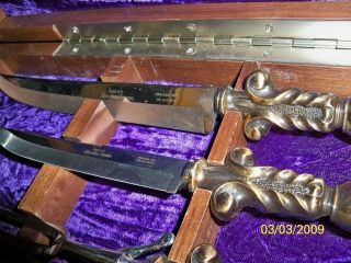 VINTAGE 4 PC BOXED SET OF CASE XX CARVING KNIVES ORNATE BRASS HANDLES SHEFFIELD 3