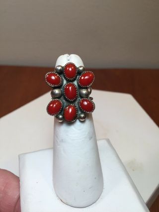 Vtg.  Navajo Sterling Silver Large Old Pawn Ox Blood Coral Cluster Ring Size 6.  4”