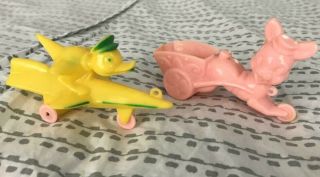 Vintage Easter Rosbro Plastic Duck On Rocket And Rabbit Pulling Cart Candy Conts