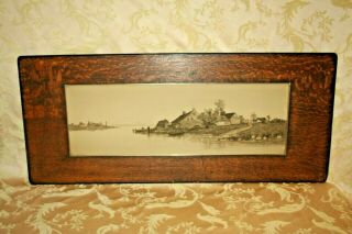 Antique Rare 42 " Quarter - Sawn Oak Framed Unsigned Etching Of Cottage River Scene