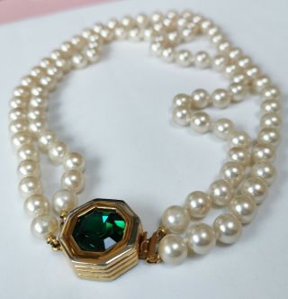 Vintage Swarovski 1980s Pearl Necklace With Green Crystal Clasp Signed Sal 17 "