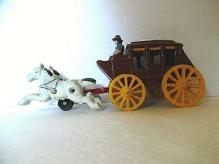 Vintage Cast Iron Brown Stagecoach & Driver With White Horses