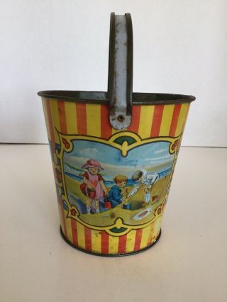 Antique Victorian Ohio Art Co Tin Litho Sand Pail Children Playing At The Beach