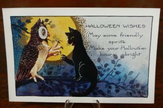 Vintage Halloween Postcard Whitney No Wny37 - 3 Black Cat & Owl Under Full Moon
