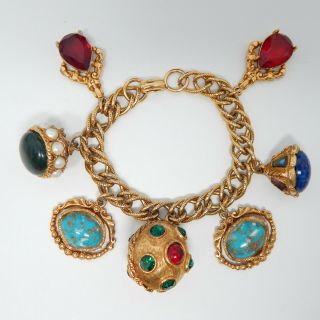 Etruscan Victorian Fob Charms Blue Red Turquoise Lapis Emerald Vtg Bracelet