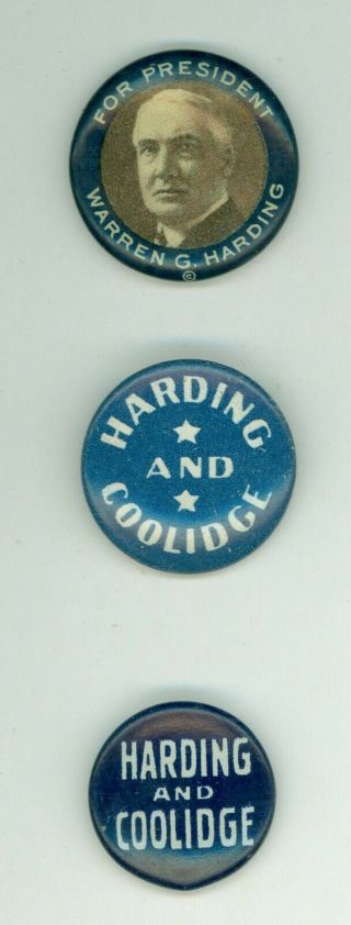 3 Vintage 1920 President Warren G.  Harding & Coolidge Campaign Pinback Buttons