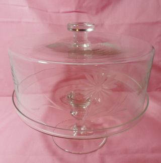 Vtg Clear Glass Etched Dome Cake Plate Flower Floral