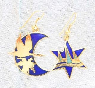Blue Cloisonne Enamel Wild Goose Crescent Moon & Star Earrings 1970s Vintage