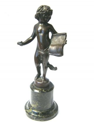 Antique - 19th Century Bronze Cherub With Book Statuette On Portoro Base - C1850 