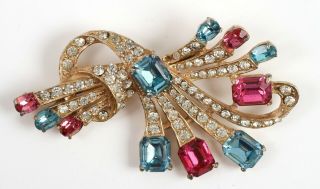 Vintage Joseph Wiesner Costume Jewelry Pink And Blue Rhinestone Pin Brooch