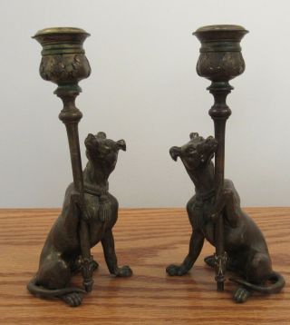Pair Antique Victorian? Bronze Dog Candle Holders Candlesticks 7 "