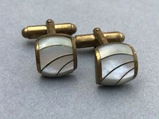 Vintage Cufflinks,  Mother Of Pearl Rounded Panel Gold Tone,  Mens Gents Jewellery