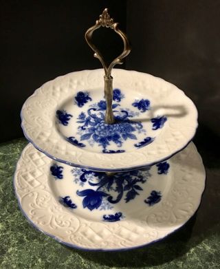 Vintage Blue & White Floral Pattern With Embossed Edge Two Tier Tidbit Tray