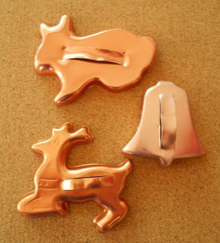3 Copper Vintage Cookie Cutters Bell Reindeer Bunny Euc