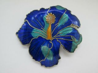 Vintage Silver Sapphire Turquoise Cloisonne Enamel Orchid Flower Brooch Pin