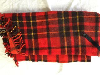Vintage Faribo Red Plaid Fringed Wool Throw Stadium Blanket Poncho Zipper Usa C9