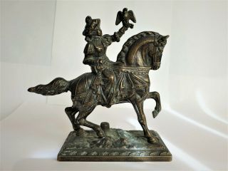 Antique Bronze Figure Of Horse And Lady Rider With Falcon