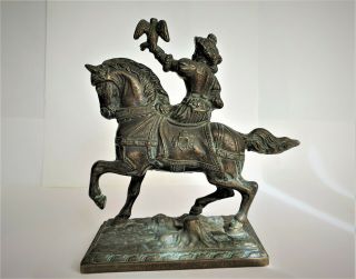 ANTIQUE BRONZE FIGURE OF HORSE AND LADY RIDER WITH FALCON 2